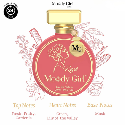 Moody Girl Zest perfume bottle with floral illustrations on a white background