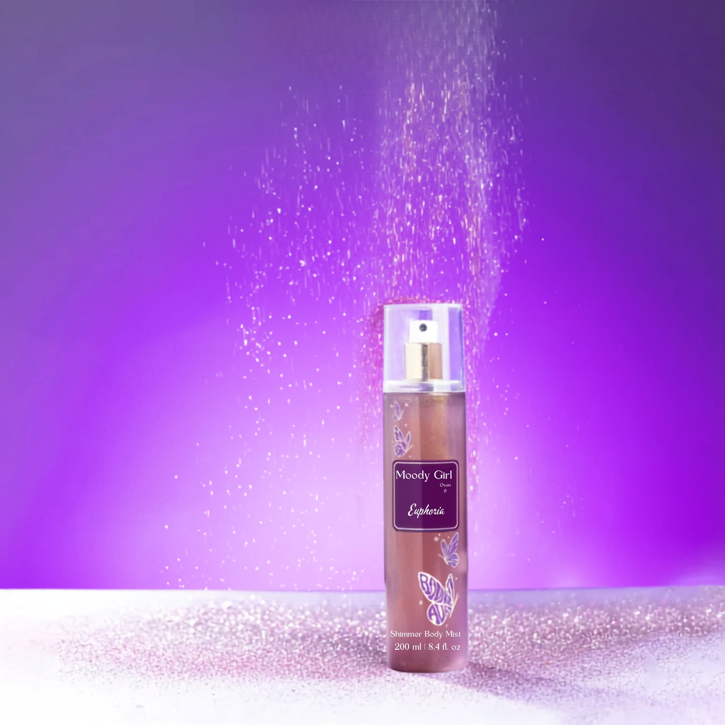 Moody Girl shimmer body mist bottle with purple background