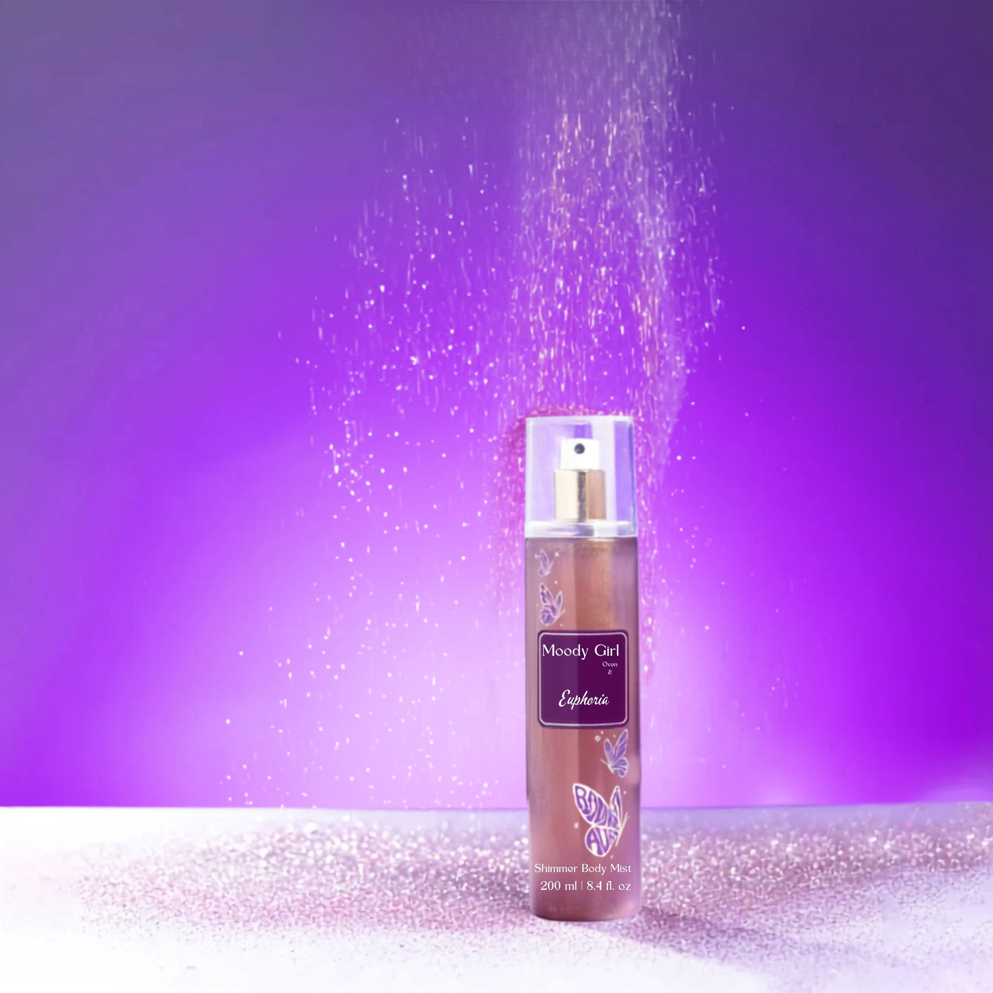 Moody Girl shimmer body mist bottle with purple background