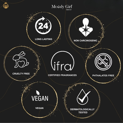 Moody Girl product features on a black background with icons indicating long-lasting, non-carcinogenic, cruelty-free, certified fragrances, phthalates-free, vegan, and dermatologically tested.
