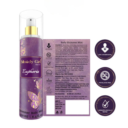 Moody Girl Euphoria Body Shimmer Mist packaging with purple label and butterfly design.