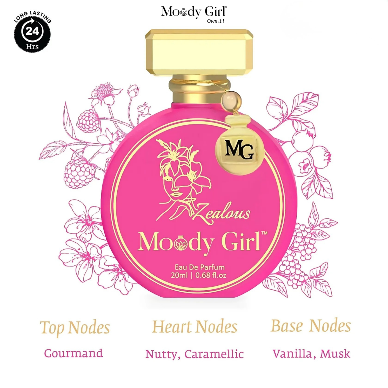 Moody Girl perfume bottle with floral design and product details on a white background