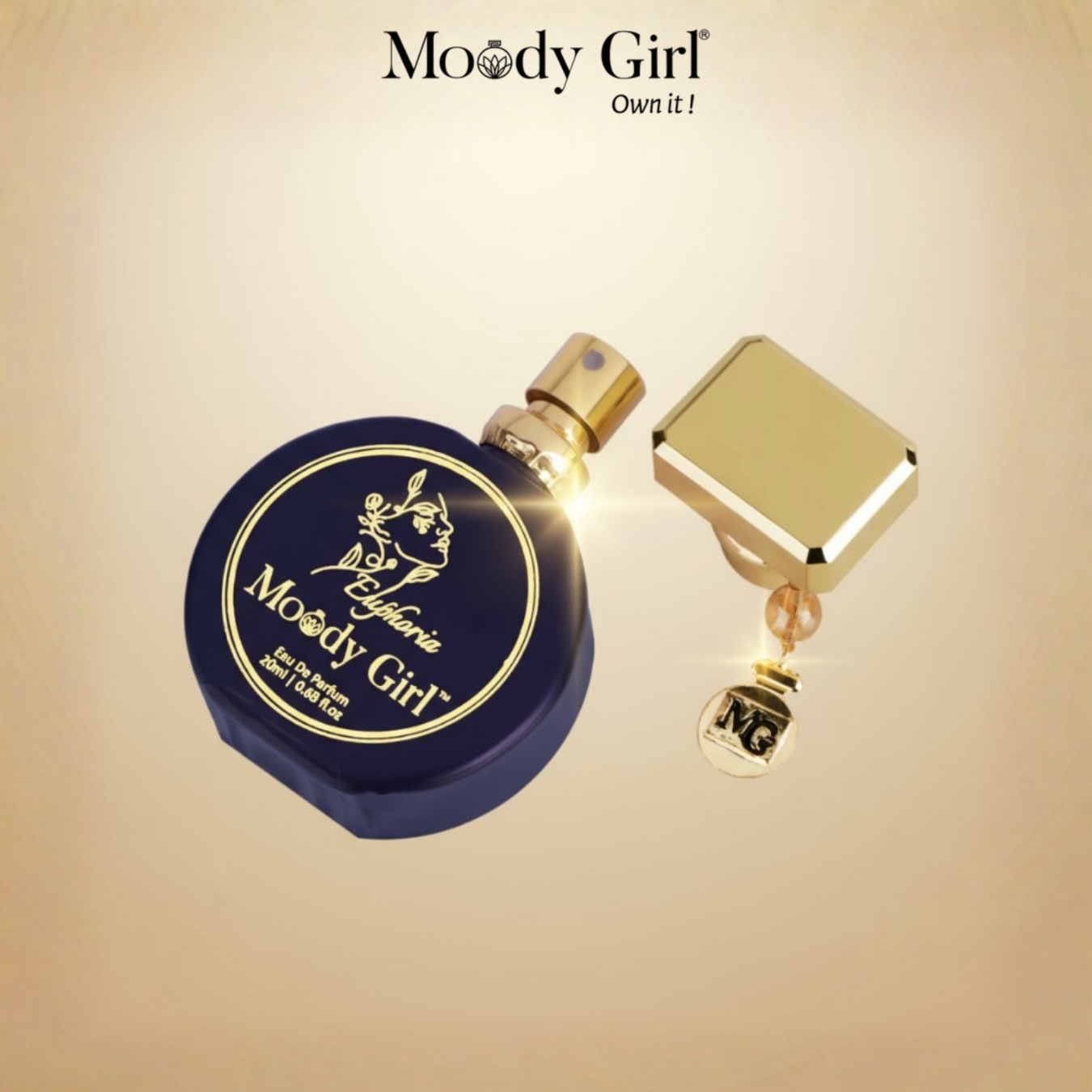 Perfume bottle with gold cap and blue label featuring 'Moody Girl' branding on a beige background.