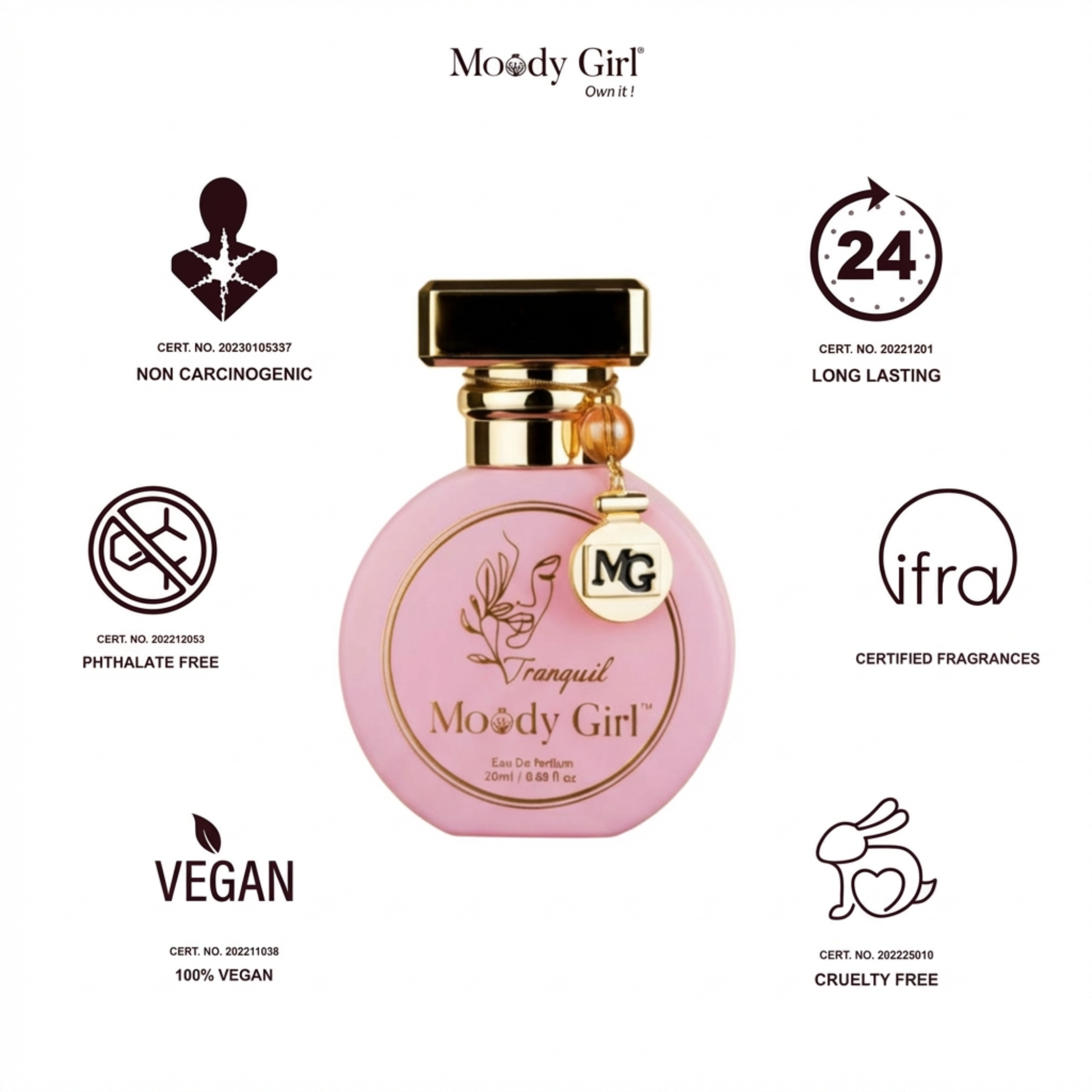 Pink perfume bottle with 'Moody Girl' branding and certification logos on a white background