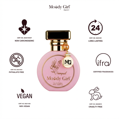 Pink perfume bottle with 'Moody Girl' branding and certification logos on a white background