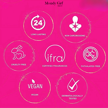 Pink background with icons and text highlighting product features on a pink background