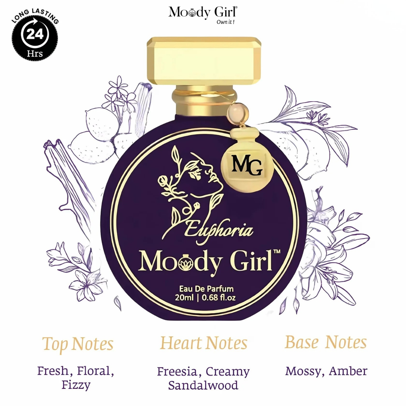 Moody Girl Euphoria perfume bottle with branding and product details on a white background