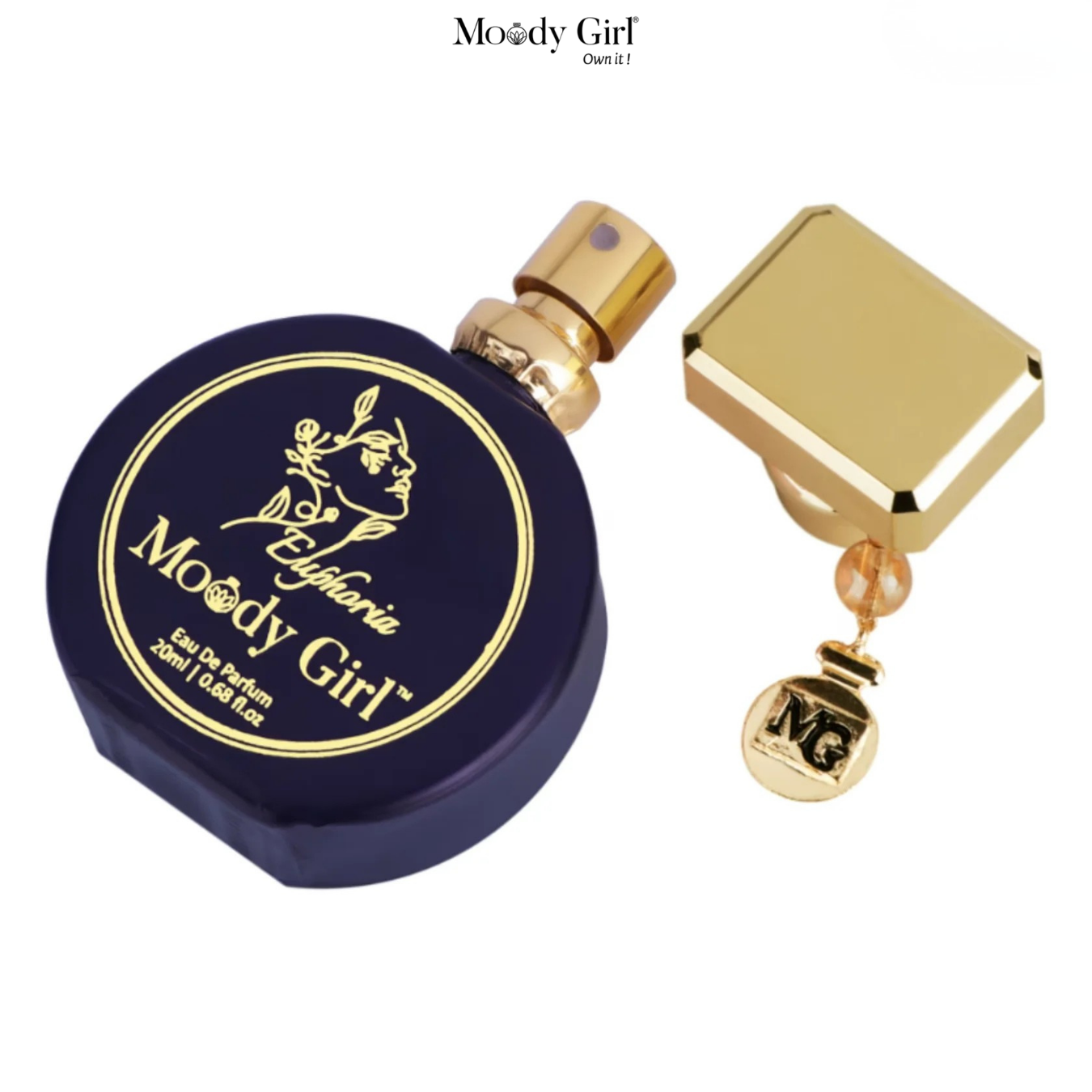 Perfume bottle with gold cap and navy base featuring 'Moody Girl' branding on a white background.