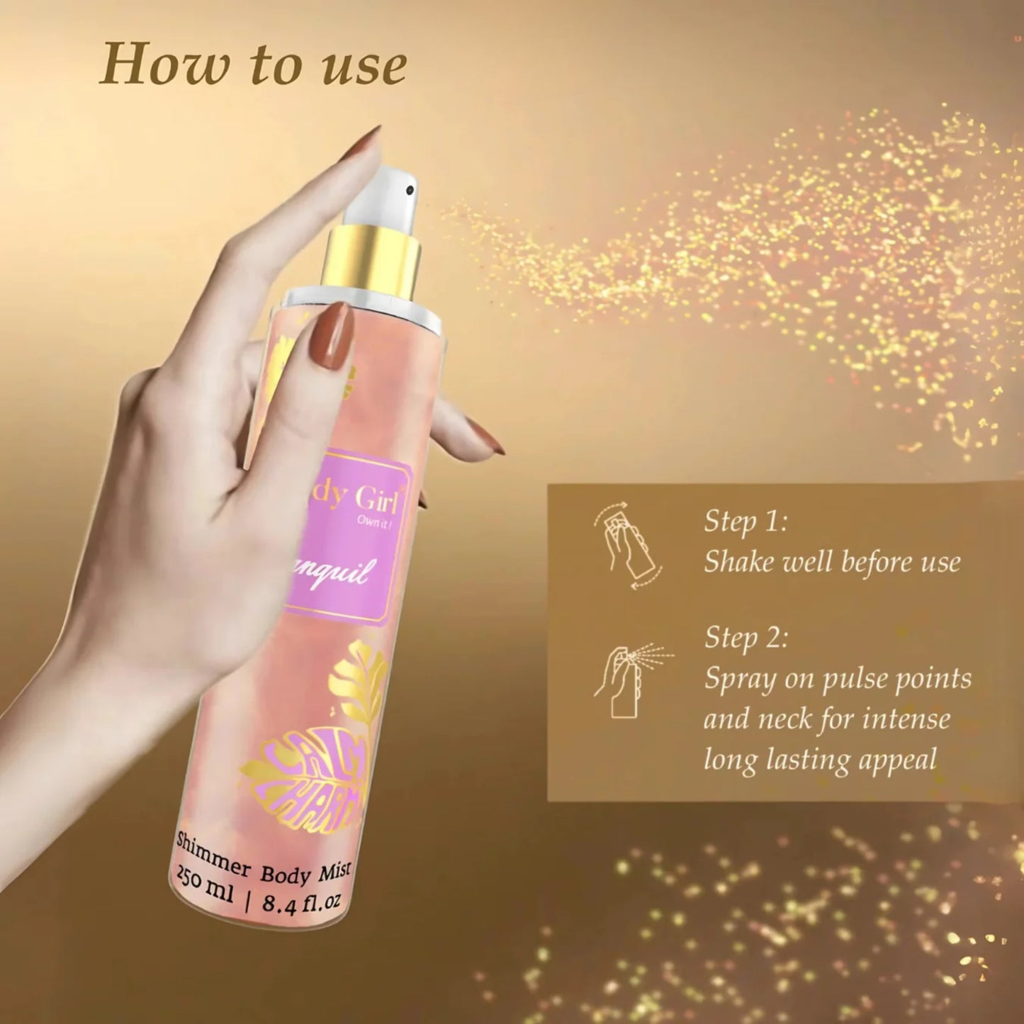 Hand holding a body mist spray with usage instructions on a gold background