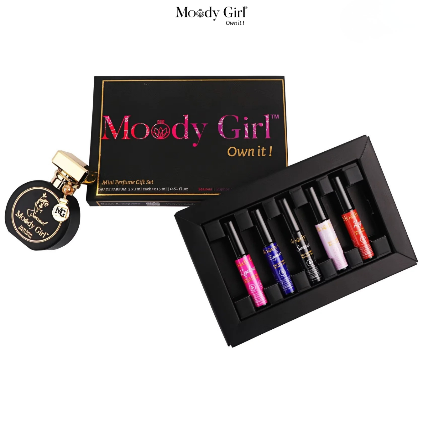 Moody Girl mini perfume gift set with six small bottles and a black box on a white background.
