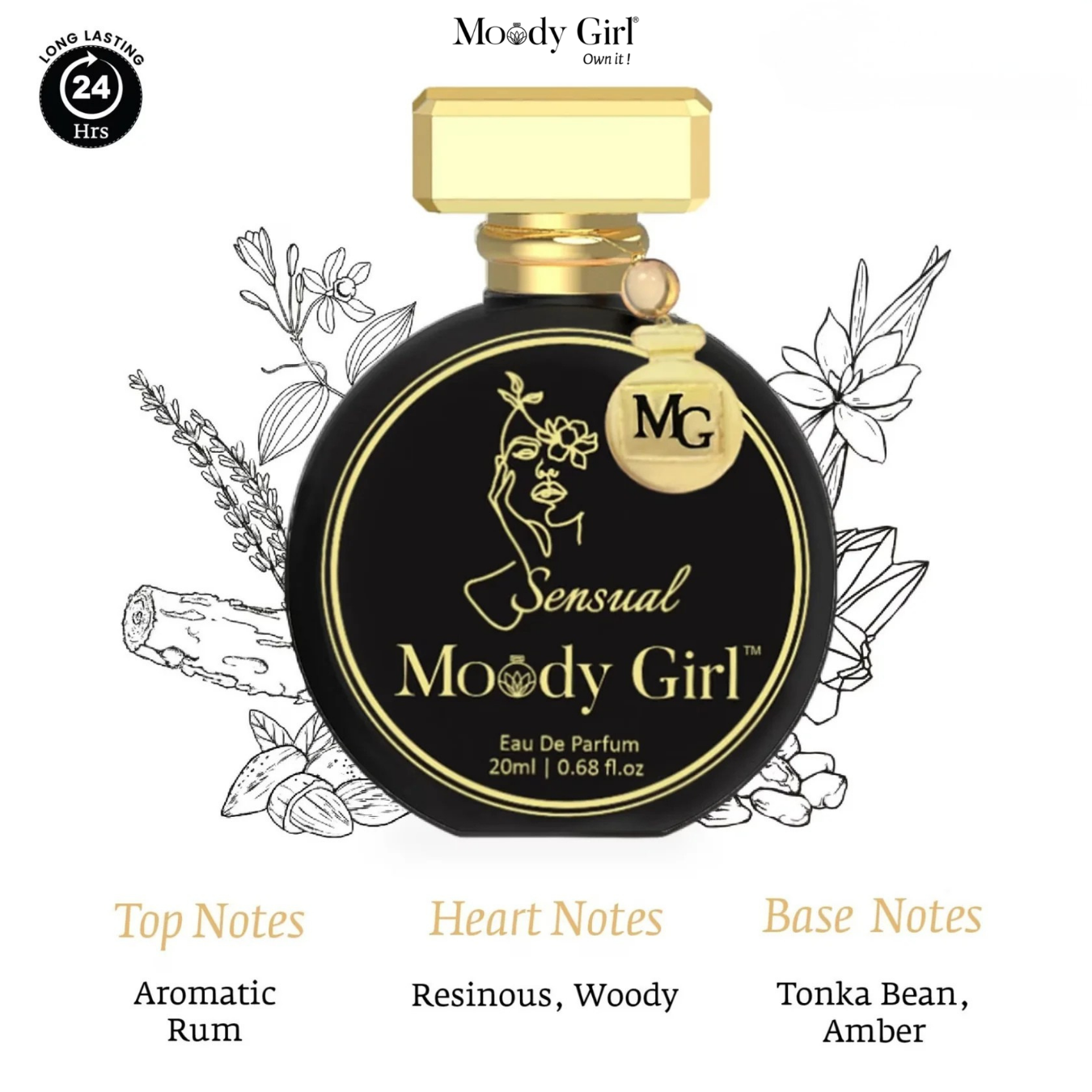 Moody Girl perfume bottle with branding and product details on a white background