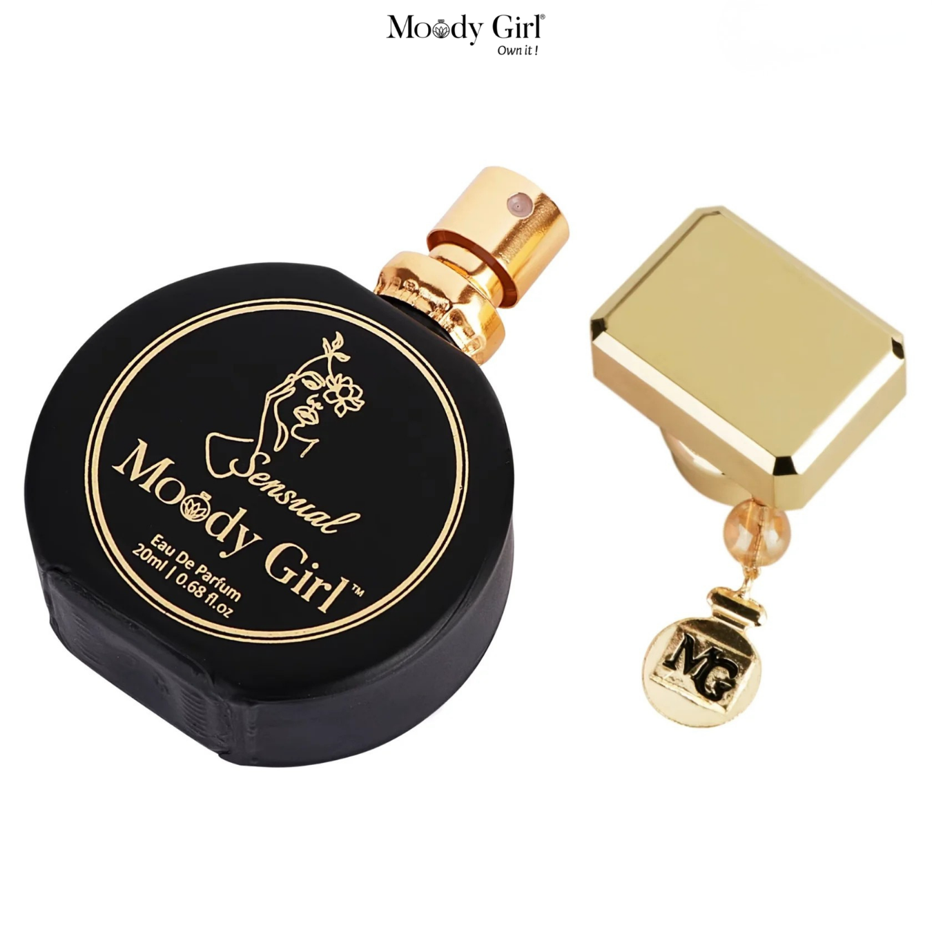 Black and gold perfume bottle with 'Moody Girl' branding on a white background