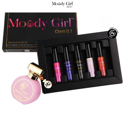 Moody Girl mini perfume gift set with a pink perfume bottle and six small bottles in a black box.