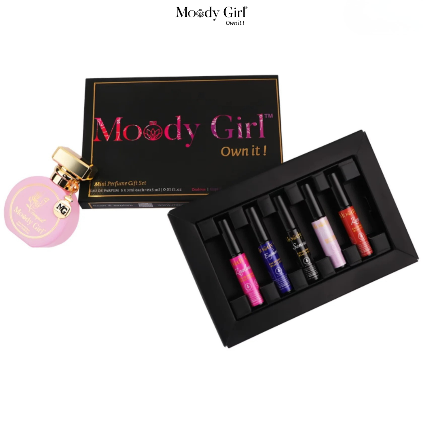 Moody Girl mini perfume gift set with a black box containing five lip glosses and a pink perfume bottle on a white background.