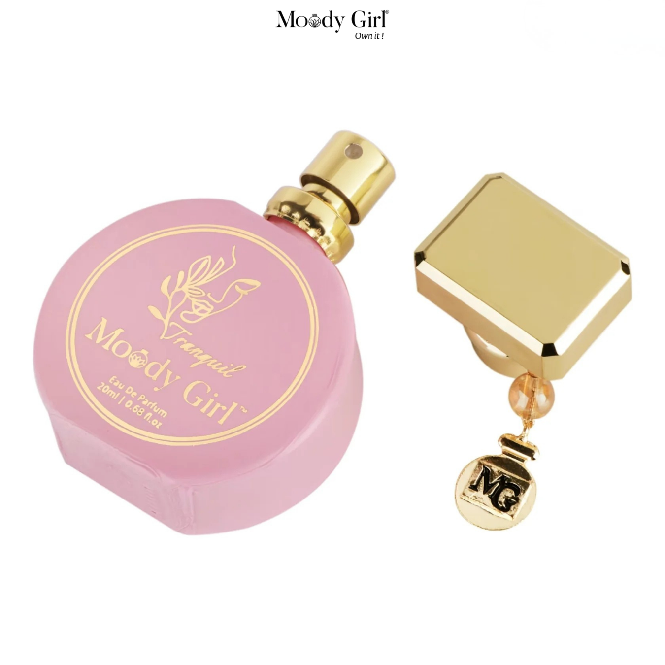 Pink perfume bottle with gold cap and 'Moody Girl' branding on a white background