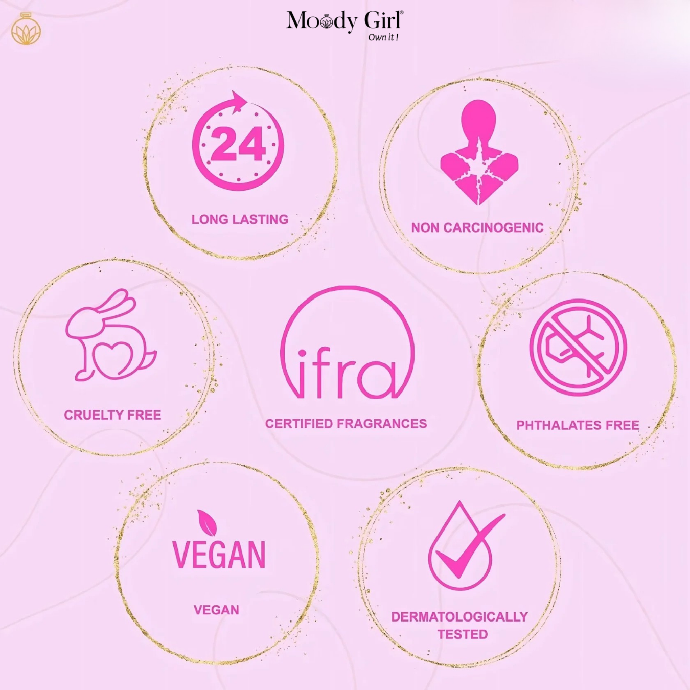 Moody Girl product features on a pink background