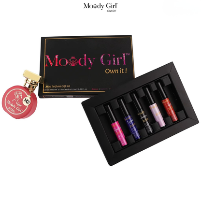 Moody Girl mini perfume gift set with lip glosses and a perfume bottle on a white background.