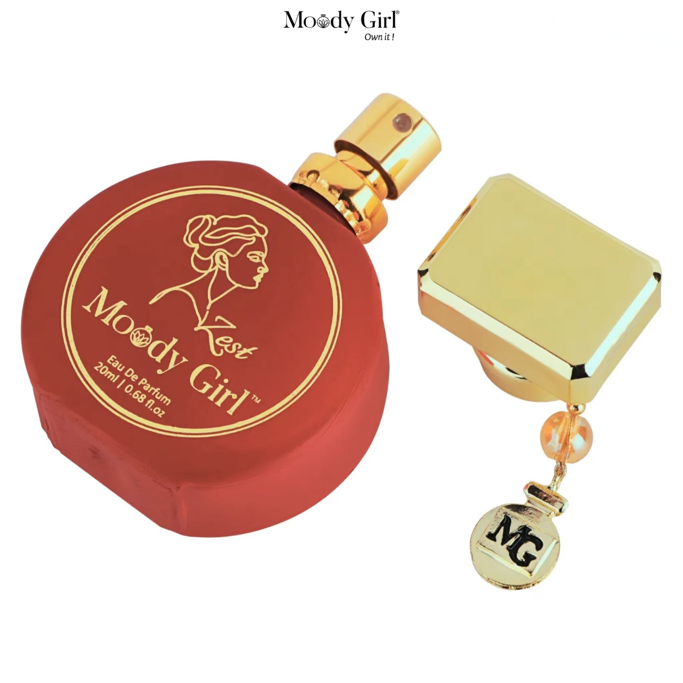 Moody Girl perfume bottle with red cap and gold body on a white background