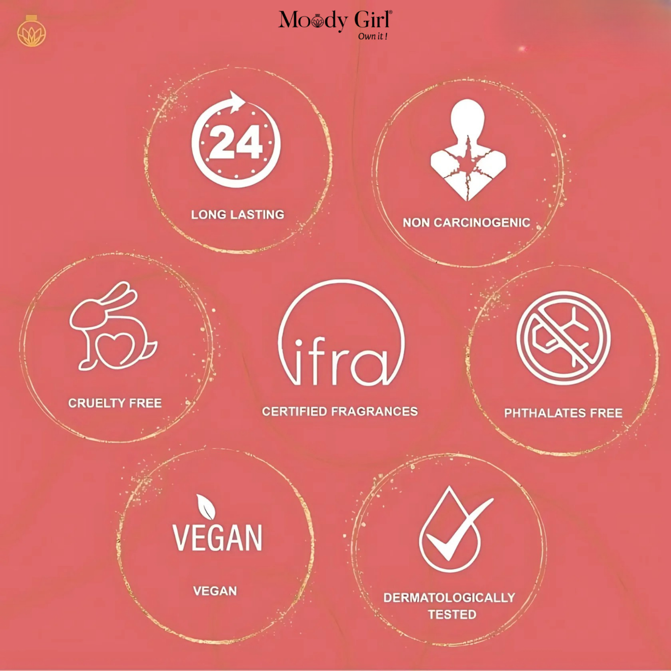 Product label with certifications on a pink background, featuring the brand 'Moody Girl'.