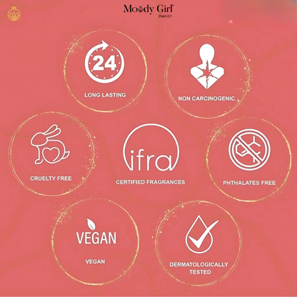 Product label with certifications on a pink background, featuring the brand 'Moody Girl'.