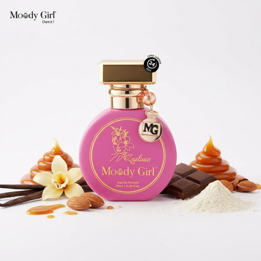 Pink perfume bottle with gold accents on a white background, featuring 'Moody Girl' branding.