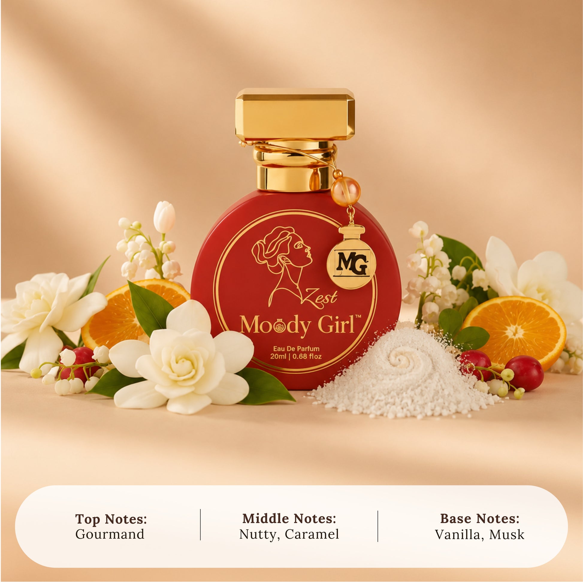 A red and gold perfume bottle labeled 'Kest Moody Girl' is centered on a warm beige background, surrounded by white flowers, orange slices, berries, and a small pile of white powder. Text at the bottom lists top, middle, and base notes.
