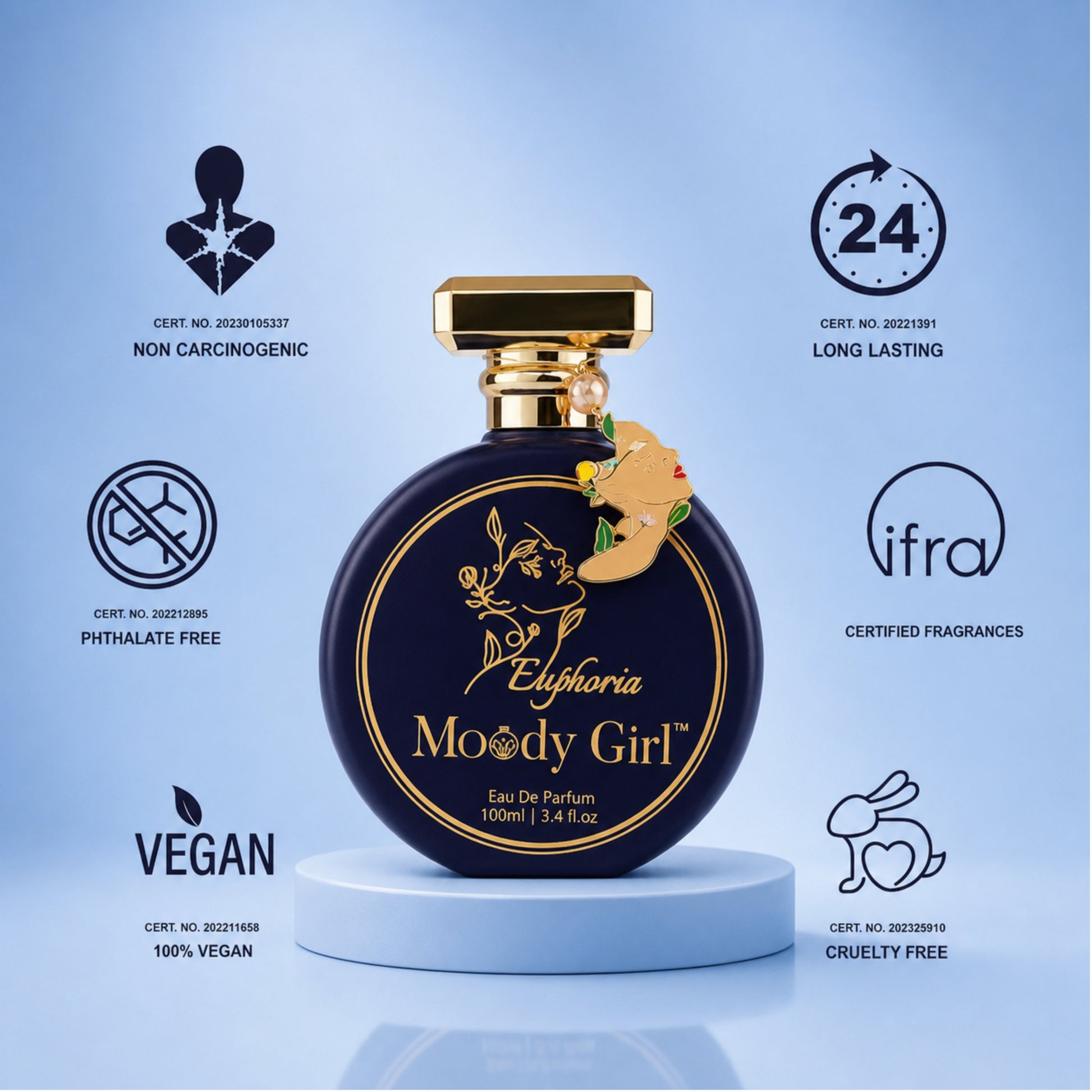 A round dark blue perfume bottle with a gold cap and gold lettering reading 'Euphoria Moody Girl' stands on a white pedestal against a light blue background. Surrounding the bottle are certification-style icons and text for non carcinogenic, long lasting, phthalate free, certified fragrances, vegan, and cruelty free.