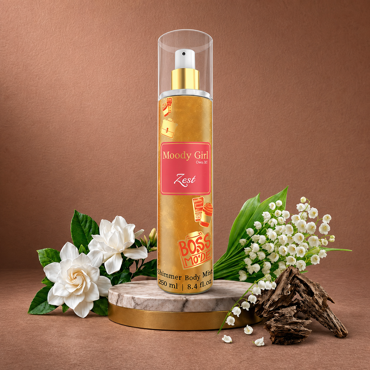 A bottle of 'Moody-Girl' Summer Body Mist by Zest is displayed on a marble pedestal with decorative white flowers, green leaves, and wood shavings against a textured brown background.
