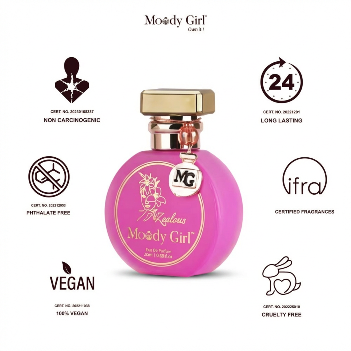 Pink perfume bottle with gold cap labeled 'Moody Girl' on a white background with certification icons.