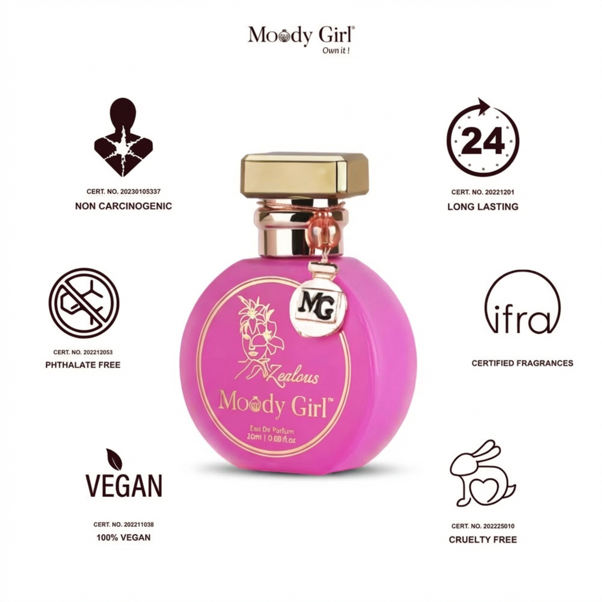 Pink perfume bottle with gold cap labeled 'Moody Girl' on a white background with certification icons.
