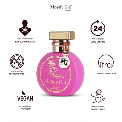 Pink perfume bottle with gold cap labeled 'Moody Girl' on a white background with certification icons.