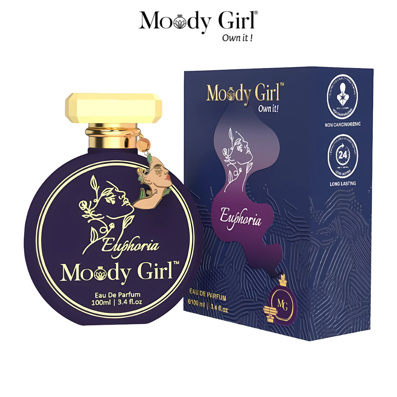 Moody Girl Euphoria perfume bottle and packaging on a white background