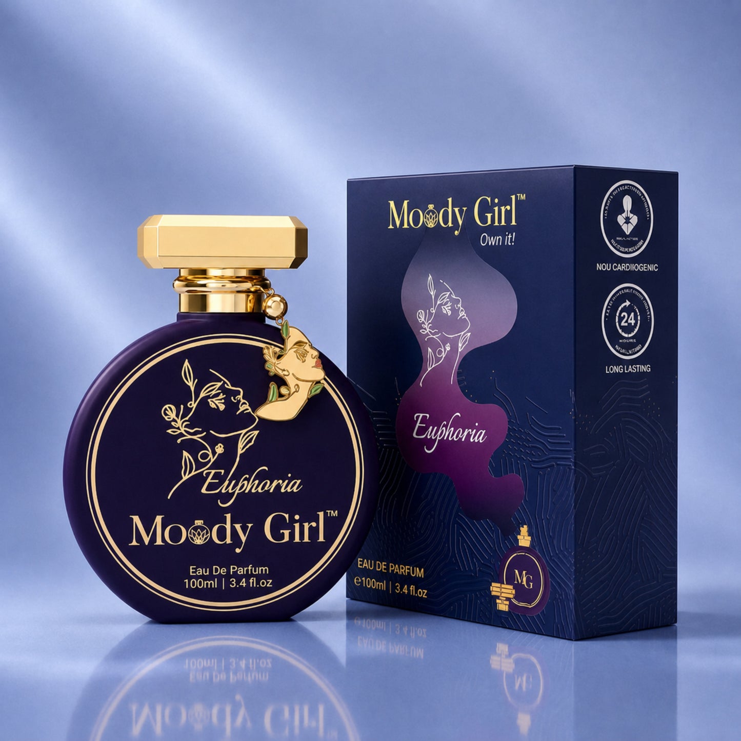 Moody Girl Eau De Parfum 100ml bottle and its packaging box, featuring a deep purple color with gold lettering and cap, set against a blue gradient background.