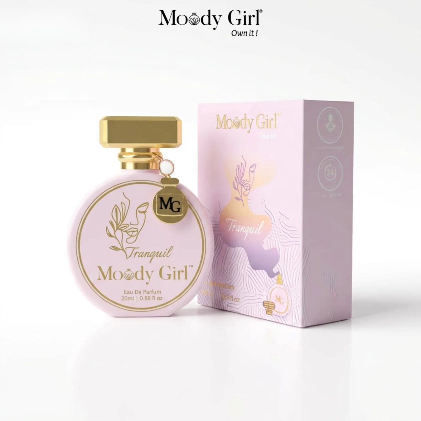 Moody Girl Tranquil perfume bottle and packaging on a white background