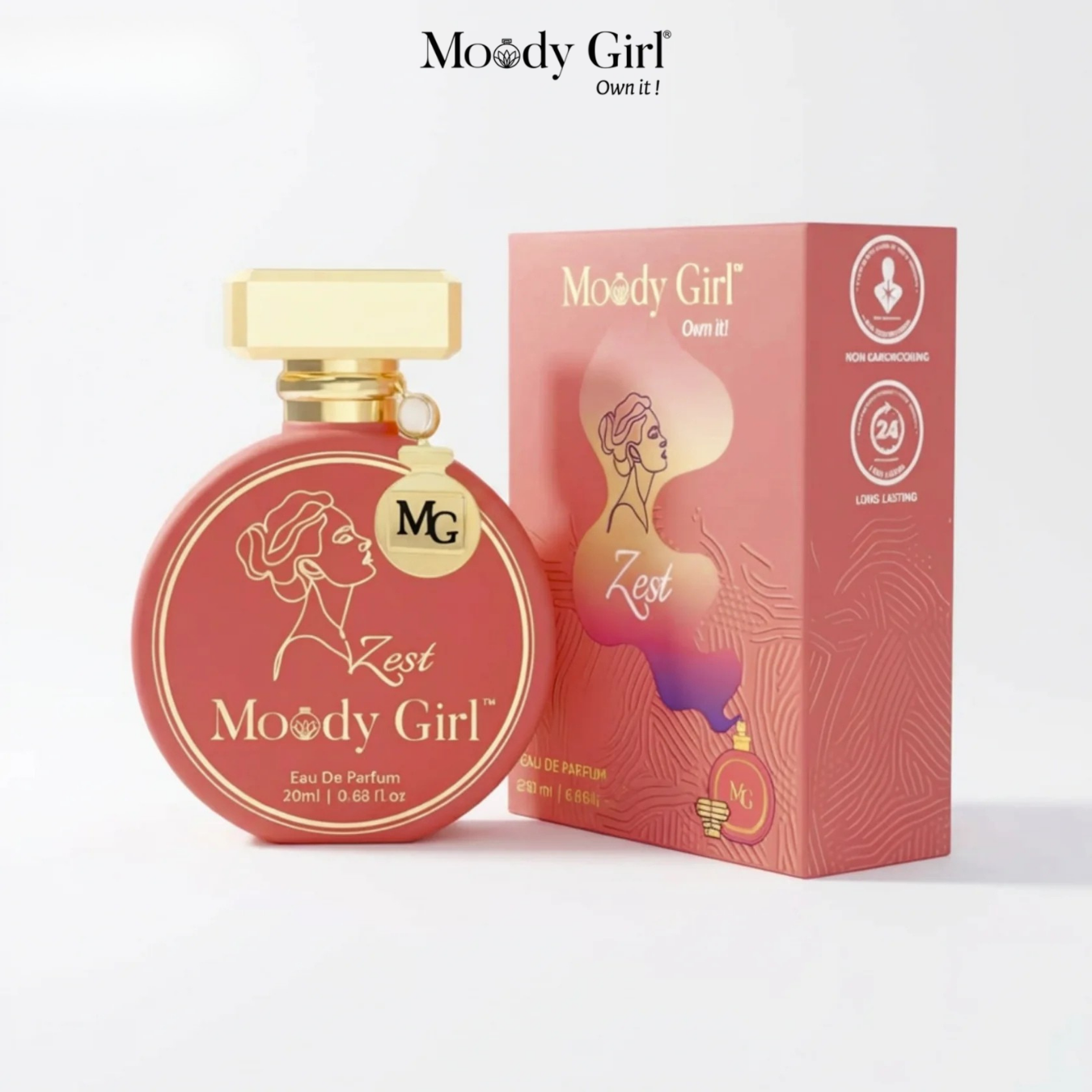 Moody Girl perfume bottle and packaging on a white background
