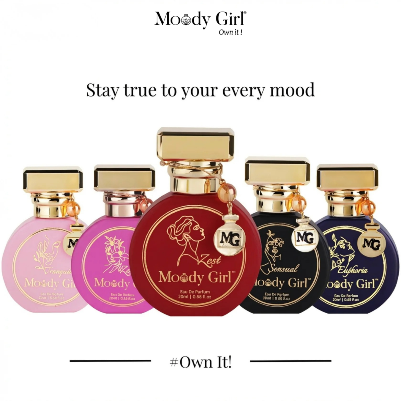 Five Moody Girl perfume bottles in different colors with the brand logo.