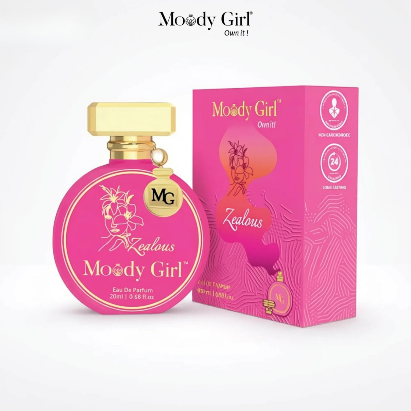 Pink 'Moody Girl' perfume bottle and packaging on a white background
