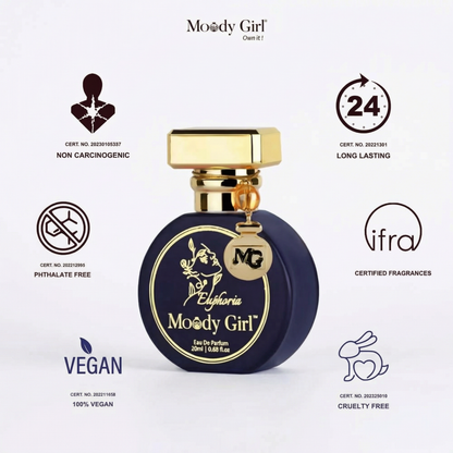 Perfume bottle with 'Moody Girl' branding and certification icons on a white background