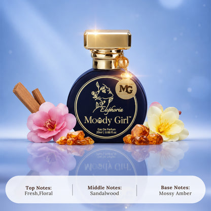 A perfume bottle labeled 'MG Euphoria Moody Girl' centered on a blue gradient background, with pink and white flowers, amber droplets, and cinnamon sticks around the bottle. Text at the bottom lists top, middle, and base notes.
