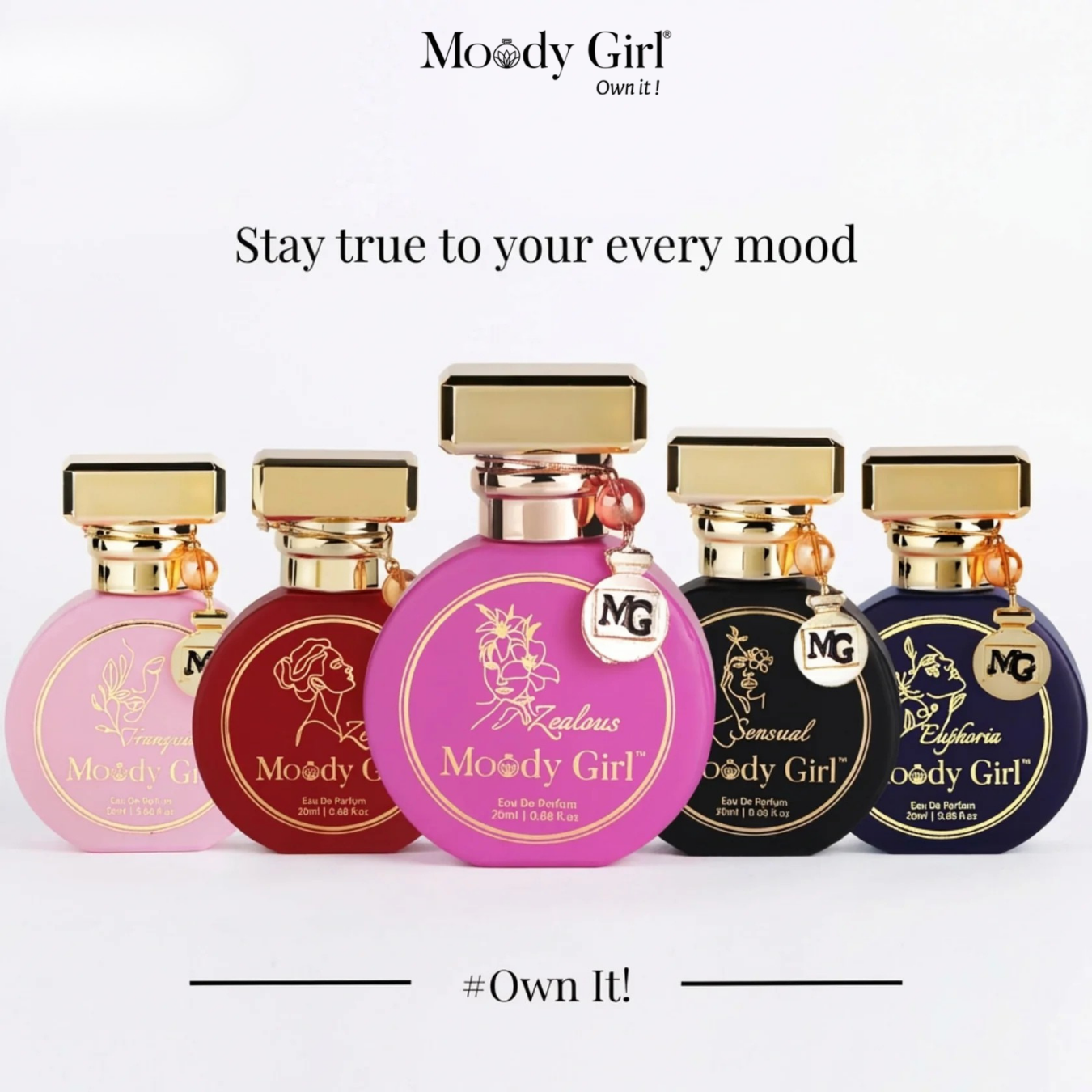 Five Moody Girl perfume bottles in different colors with gold caps on a white background.
