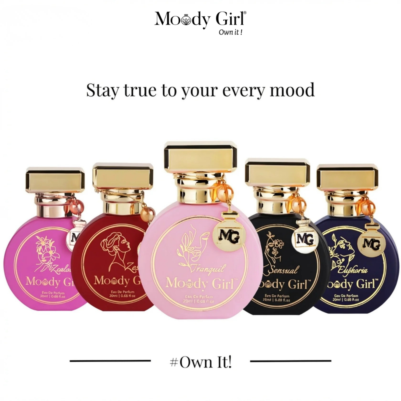 Five Moody Girl perfume bottles with gold caps on a white background.
