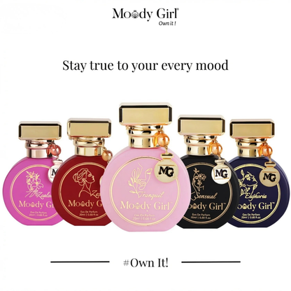 Five Moody Girl perfume bottles with gold caps on a white background.