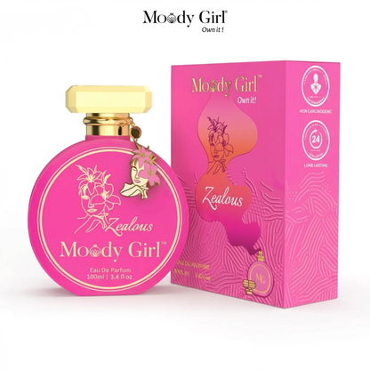 Pink 'Moody Girl' perfume bottle and packaging on a white background