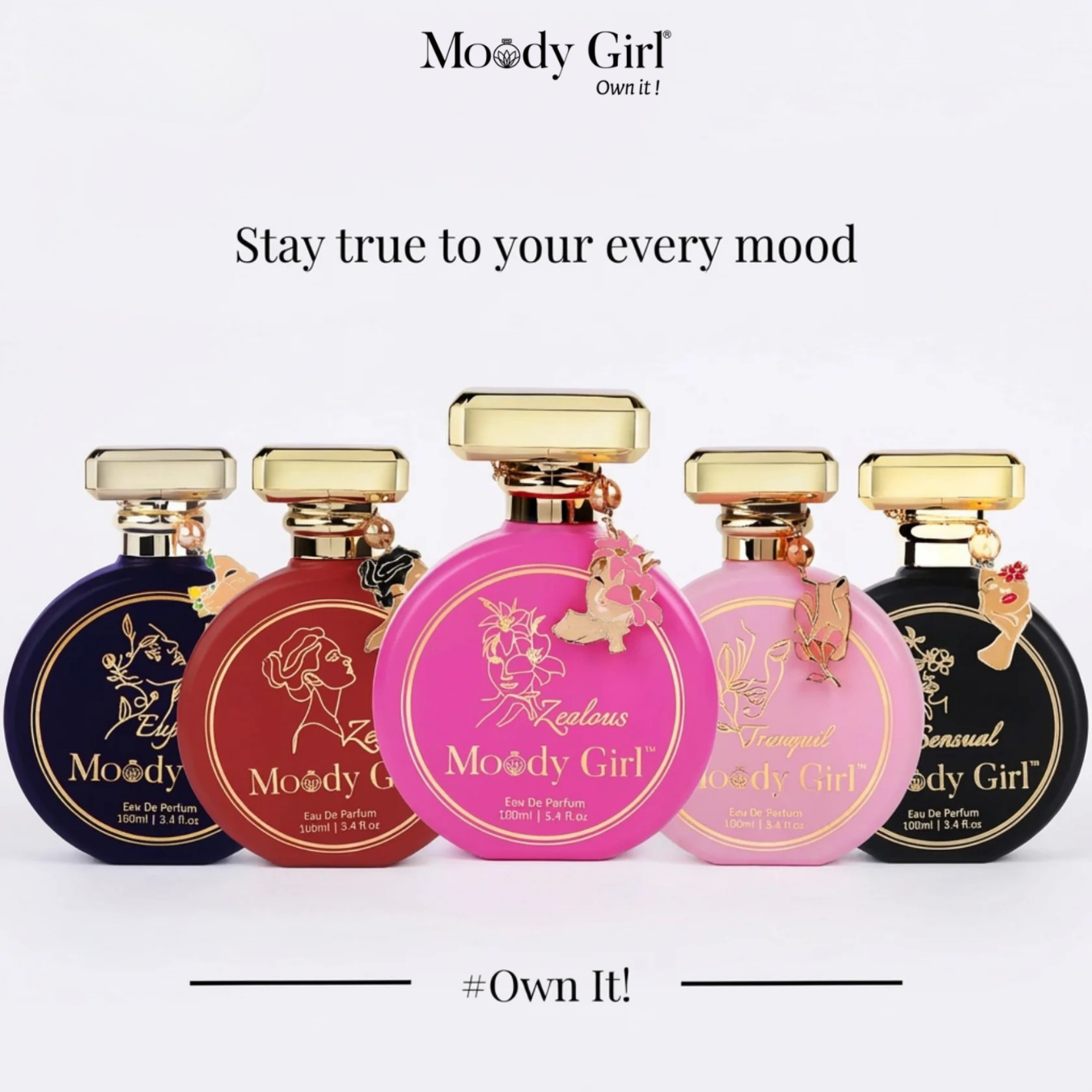 Five Moody Girl perfume bottles in various colors with gold caps on a white background.