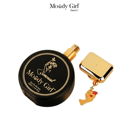Black and gold perfume bottle with 'Moody Girl' branding on a white background