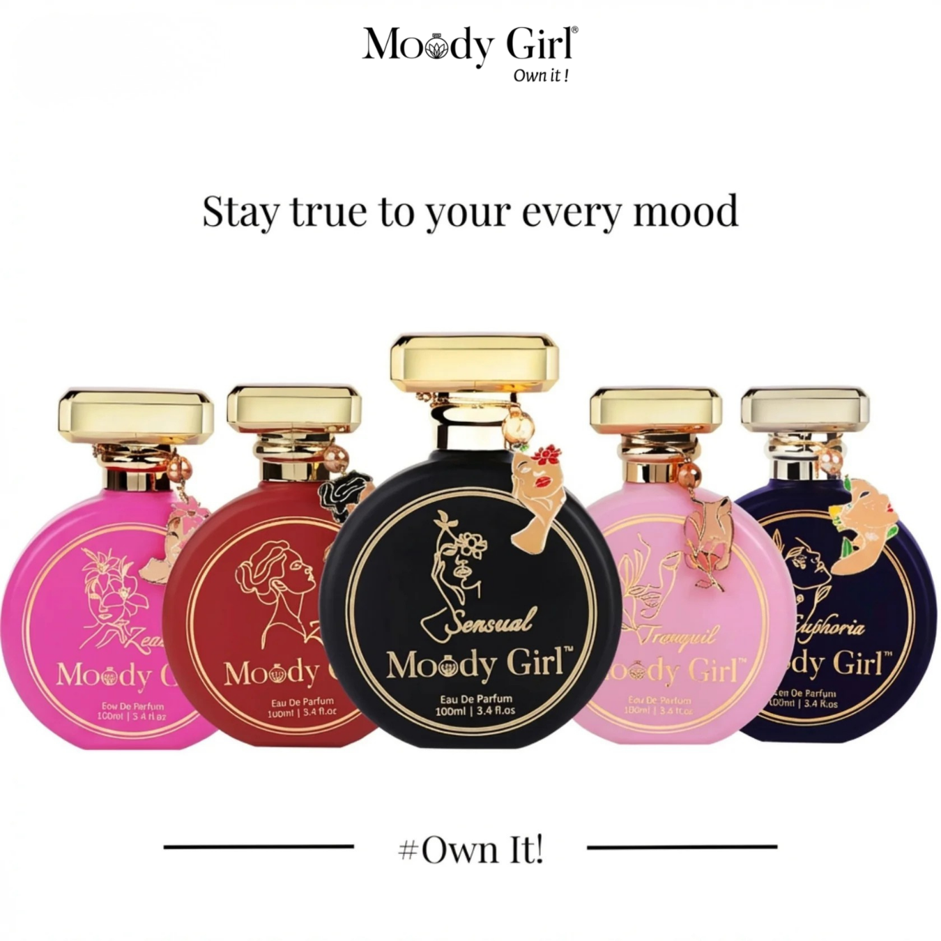 Five Moody Girl perfume bottles with different colored caps on a white background.