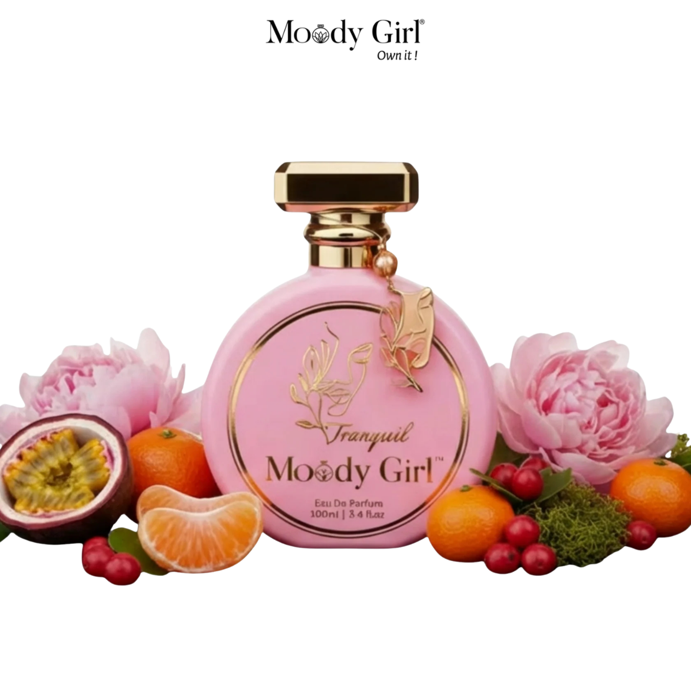 Pink perfume bottle with gold accents surrounded by flowers and fruits on a white background, featuring the brand 'Moody Girl'.