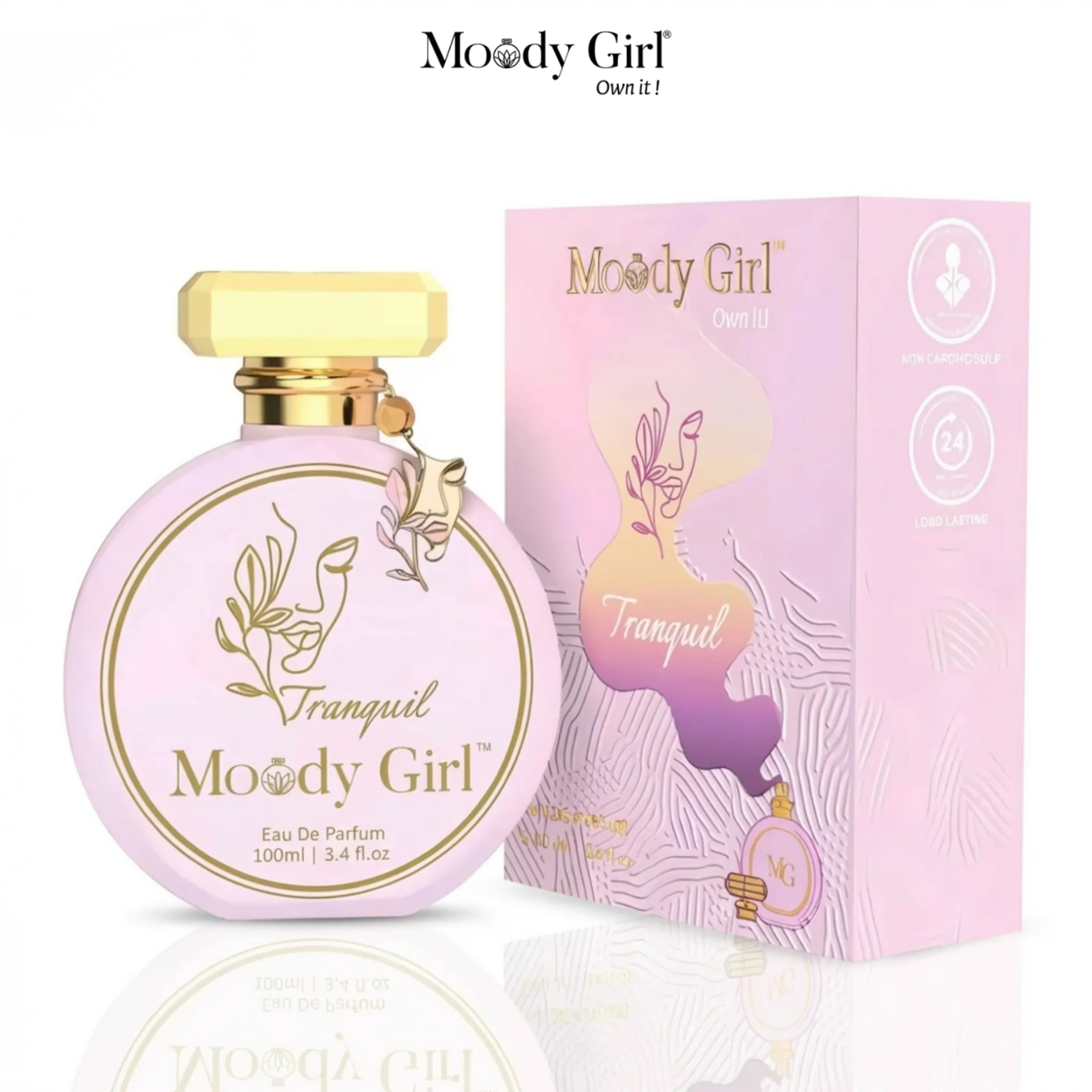 Moody Girl Tranquil perfume bottle and packaging on a white background