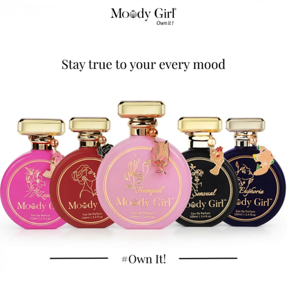 Five Moody Girl perfume bottles in different colors with gold caps on a white background.