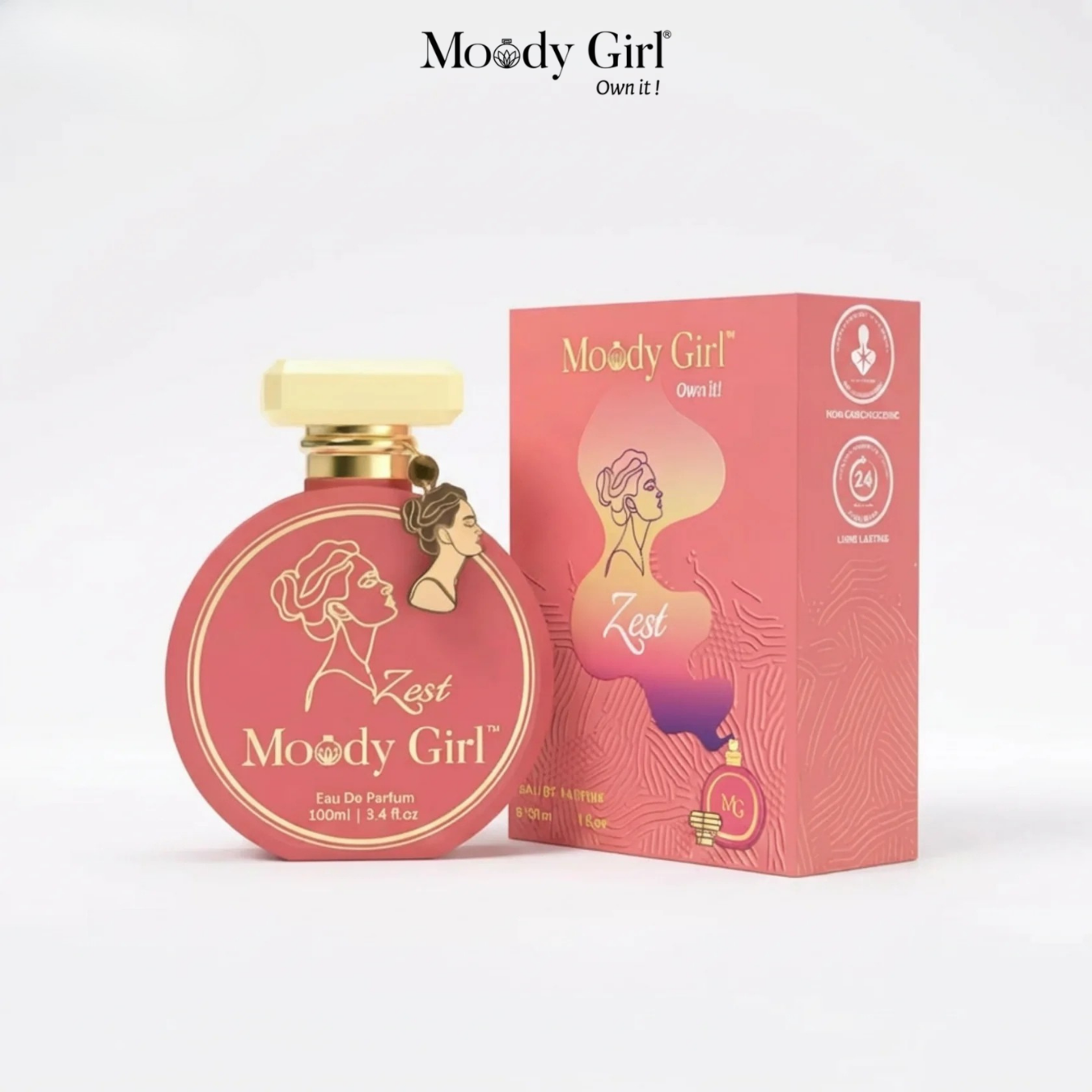 Moody Girl perfume bottle and packaging on a white background